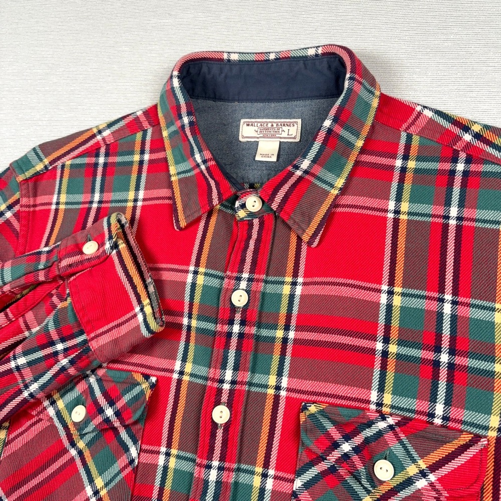 Wallace & Barnes Flannel Shirt Mens Size L Red Plaid Cotton Long Sleeve Button